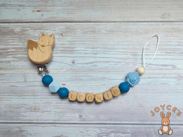 Attache tétine bleu fleur - Modèle Leonie - prénom 6 lettres max 