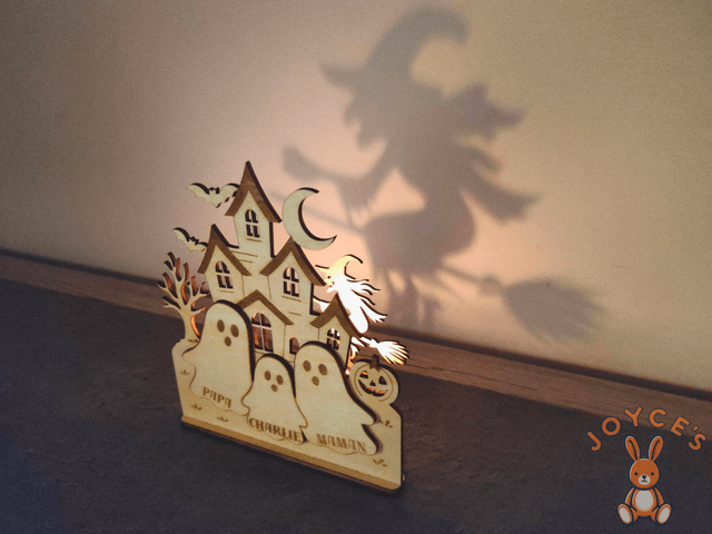 Décoration Halloween personnalisée avec prénoms, Bougeoir en bois, Ombre, Manoir hanté et sorcière, Photophore, Cadeau famille unique 