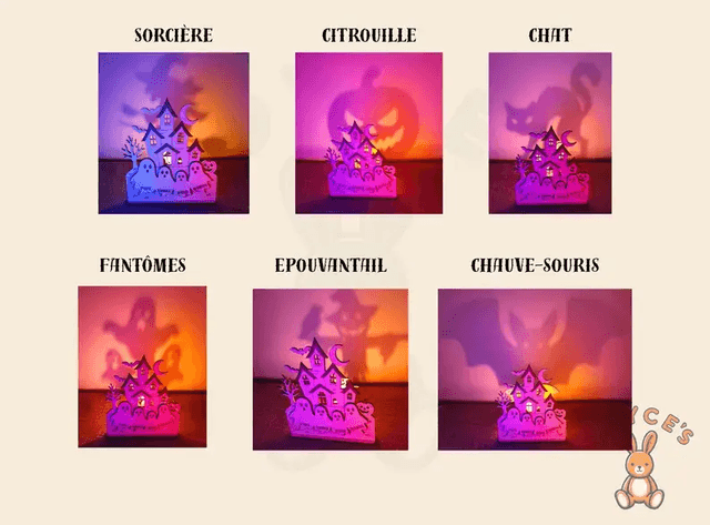 Décoration Halloween personnalisée avec prénoms, Bougeoir en bois, Ombre, Manoir hanté et sorcière, Photophore, Cadeau famille unique 