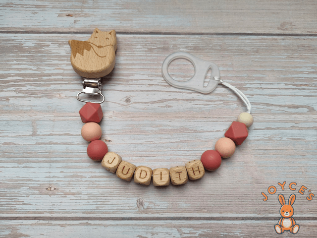 Attache tétine personnalisé pêche et terracotta - Modèle Judith - prénom 6 lettres max