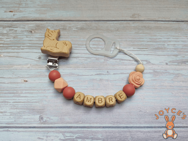 Attache tétine rose fleur - Modèle Ambre - prénom 6 lettres max 