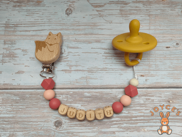Attache tétine personnalisé pêche et terracotta - Modèle Judith - prénom 6 lettres max