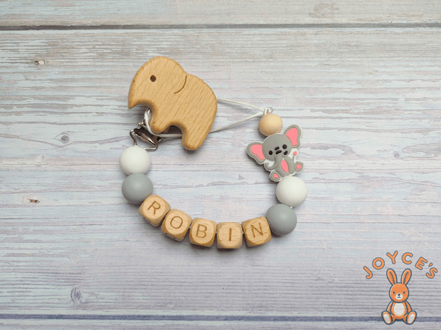 Attache tétine personnalisé Elephant- Modèle Robin- prénom 6 lettres max 
