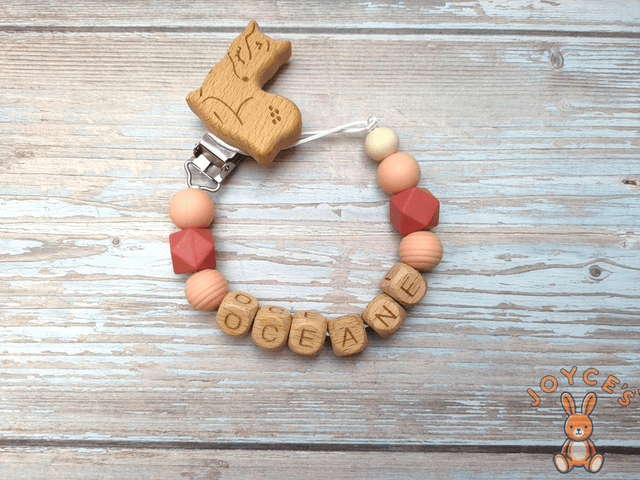 Attache tétine personnalisé pêche et terracotta - Modèle Océane - prénom 6 lettres max