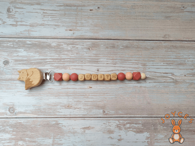 Attache tétine personnalisé pêche et terracotta - Modèle Judith - prénom 6 lettres max