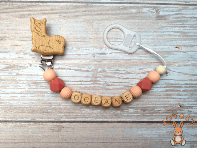 Attache tétine personnalisé pêche et terracotta - Modèle Océane - prénom 6 lettres max