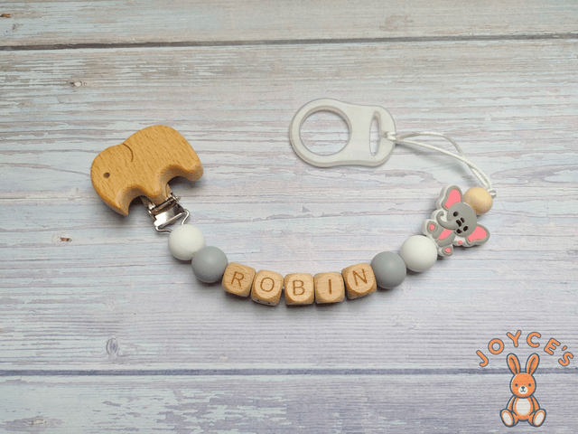 Attache tétine personnalisé Elephant- Modèle Robin- prénom 6 lettres max 