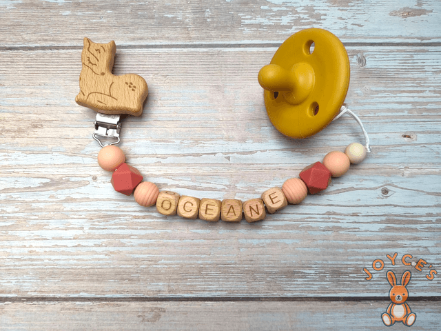 Attache tétine personnalisé pêche et terracotta - Modèle Océane - prénom 6 lettres max