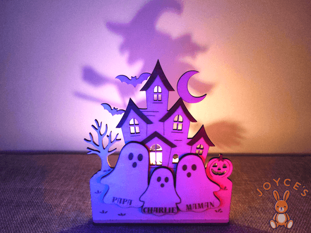 Décoration Halloween personnalisée avec prénoms, Bougeoir en bois, Ombre, Manoir hanté et sorcière, Photophore, Cadeau famille unique 