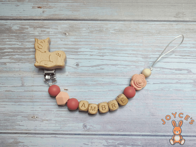 Attache tétine rose fleur - Modèle Ambre - prénom 6 lettres max 