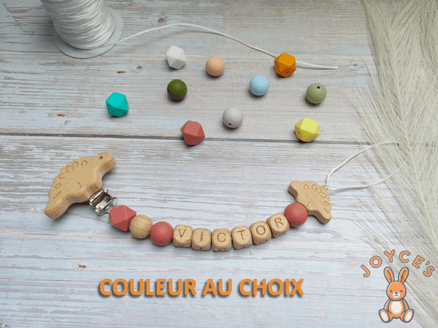 Attache tétine Dinosaure - Modèle Victor - prénom 6 lettres max